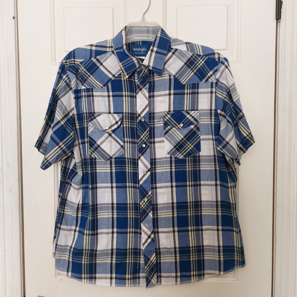 Wrangler Mens Blue Plaid Short Sleeve Western Snap Button Shirt XL 76204PP